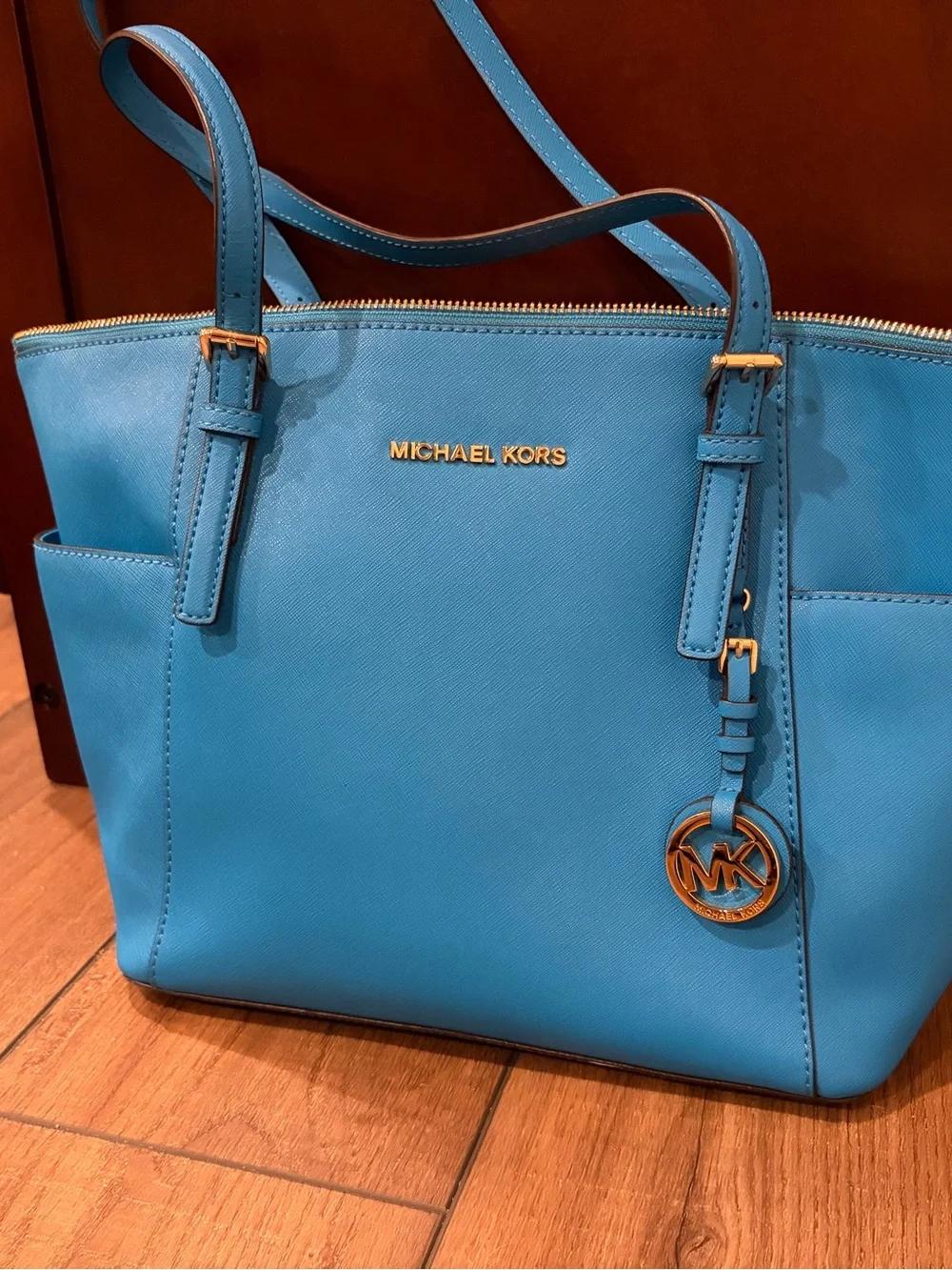MICHAEL Michael Kors Turquoise Saffiano Top-Zip Tote with Gold Hardware